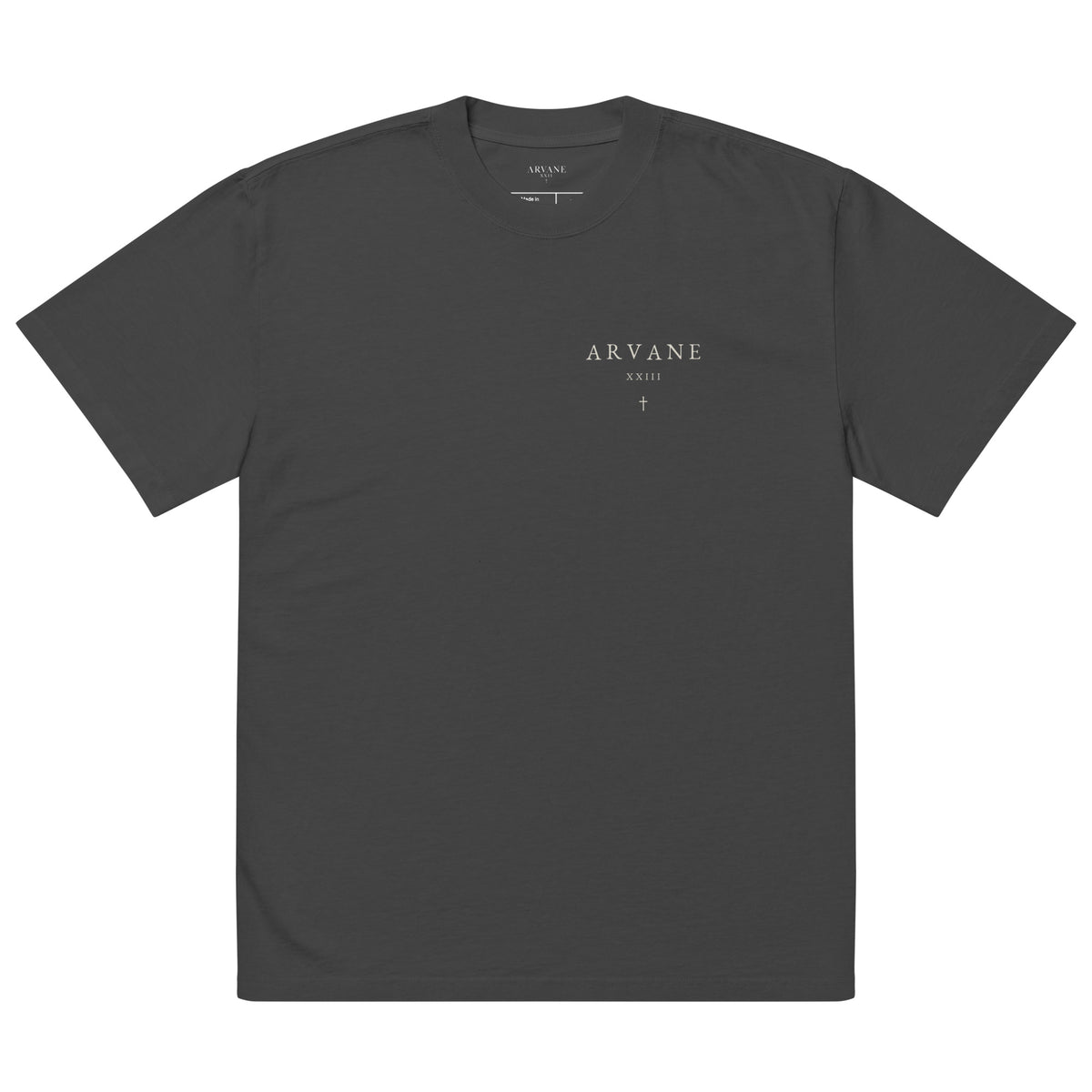 ARVANE XXIII Signature oversized faded-black T-shirt, alternate front view – authentic Printful mockup