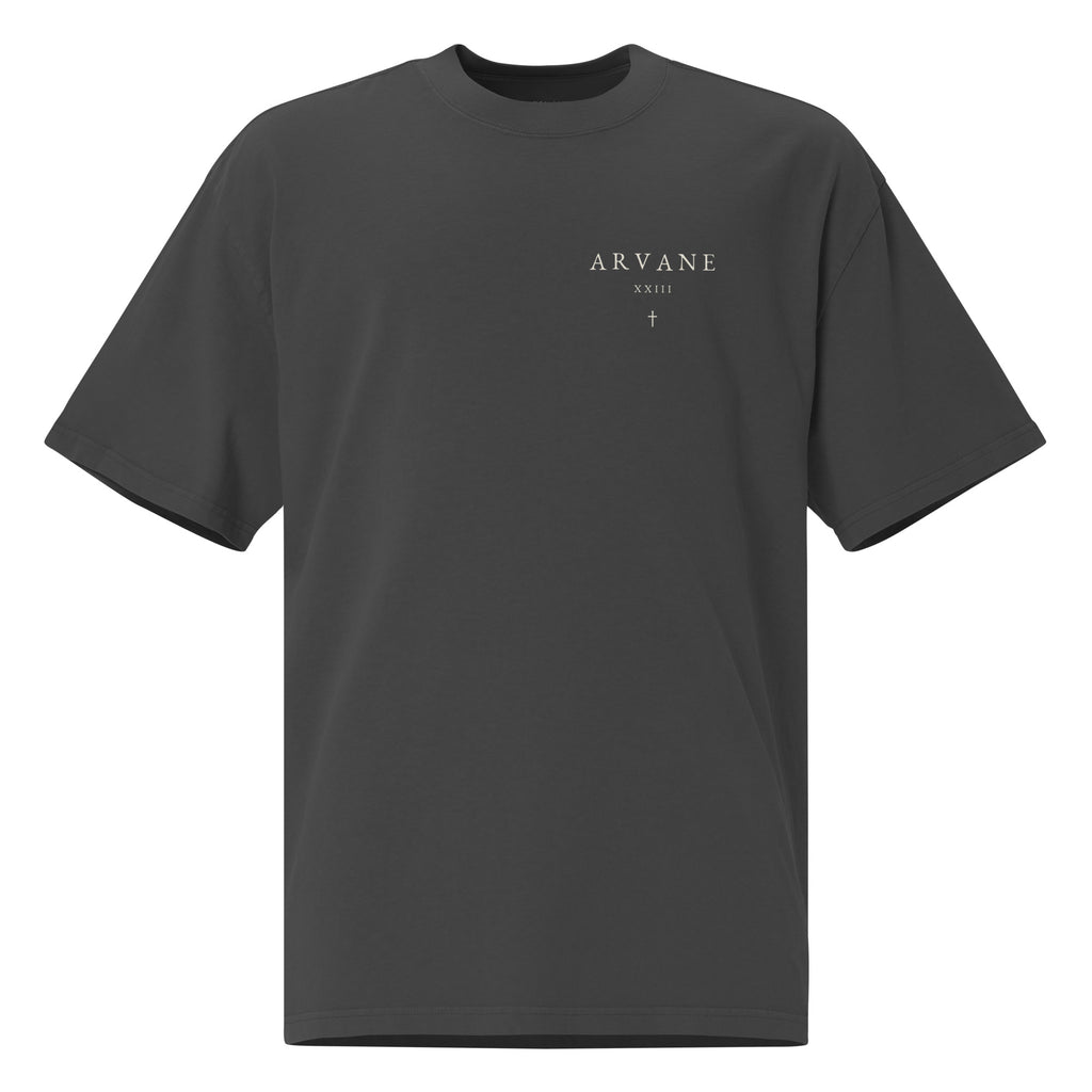 ARVANE XXIII Signature oversized faded-black T-shirt, front view – authentic Printful mockup