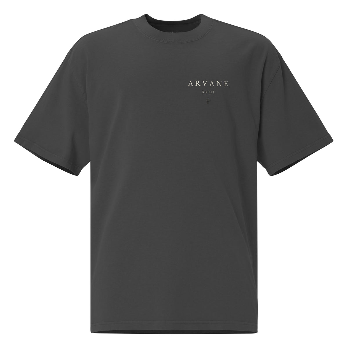 ARVANE XXIII Signature oversized faded-black T-shirt, front view – authentic Printful mockup