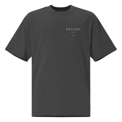 ARVANE XXIII Signature oversized faded-black T-shirt, front view – authentic Printful mockup