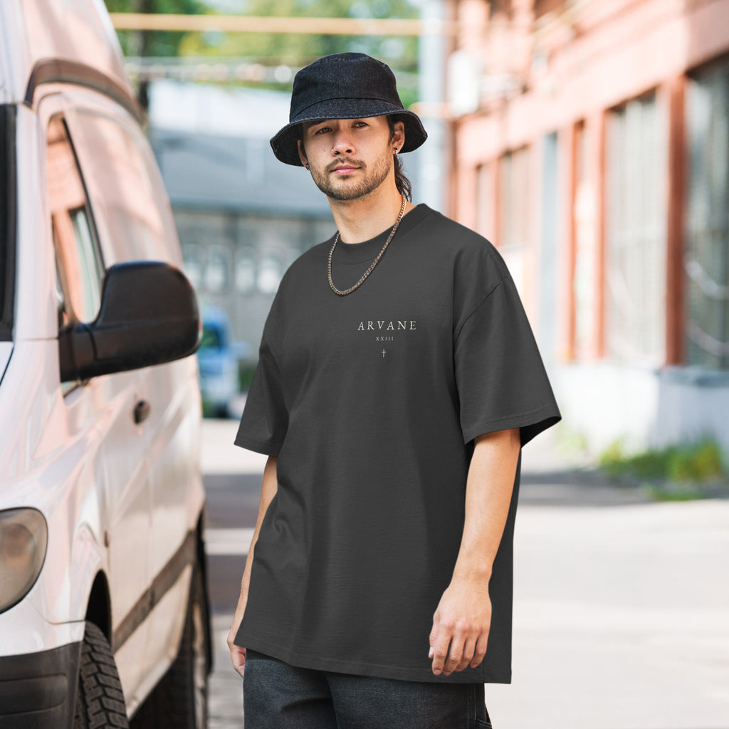ARVANE XXIII Signature oversized faded-black T-shirt, second alternate front view – authentic Printful mockup