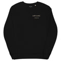 ARVANE XXIII black organic sweatshirt, front view – authentic Printful mockup